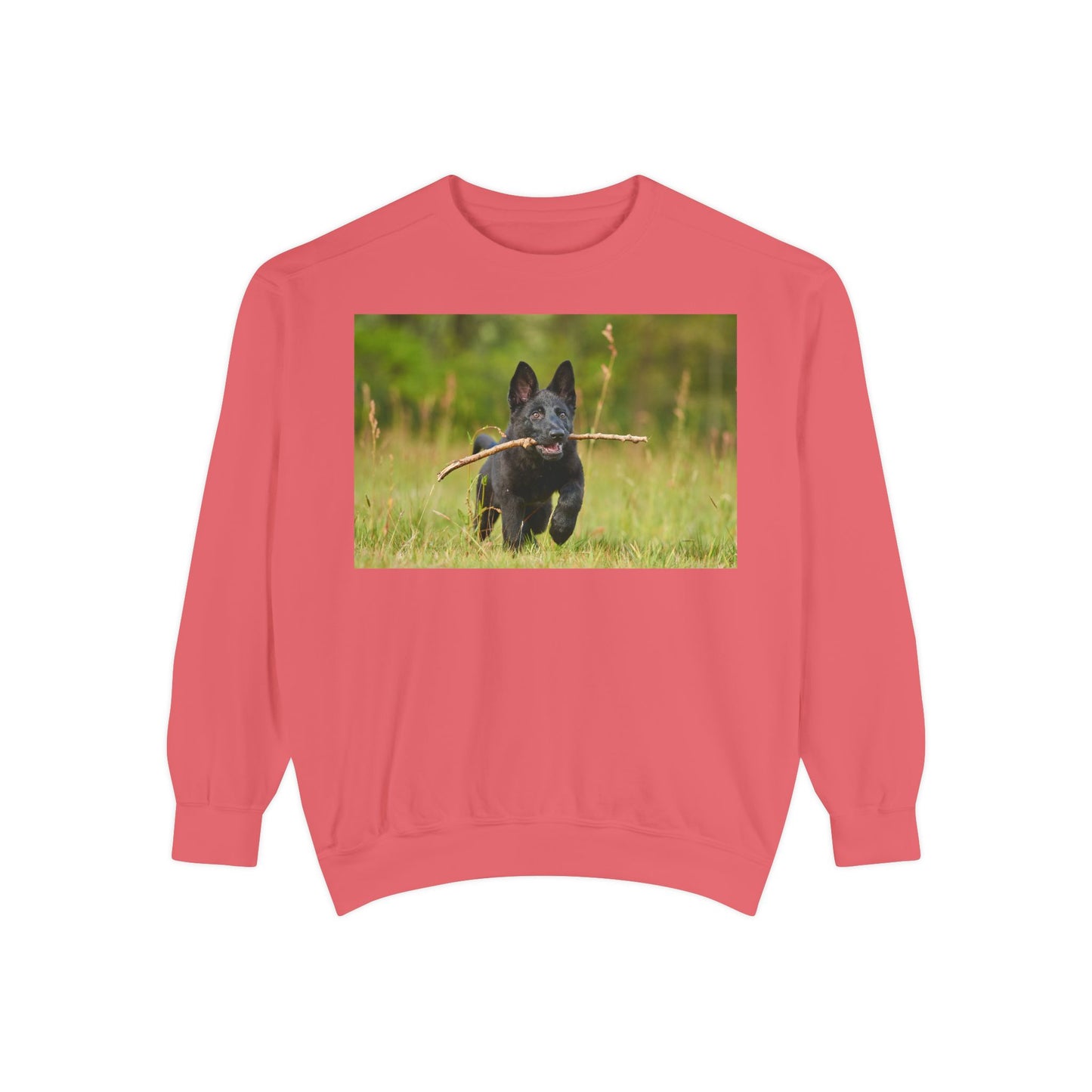 Unisex Dog Lover Sweatshirt With Black German Shepherd Puppy Running on the Grass Holding a Stick in the Mouth