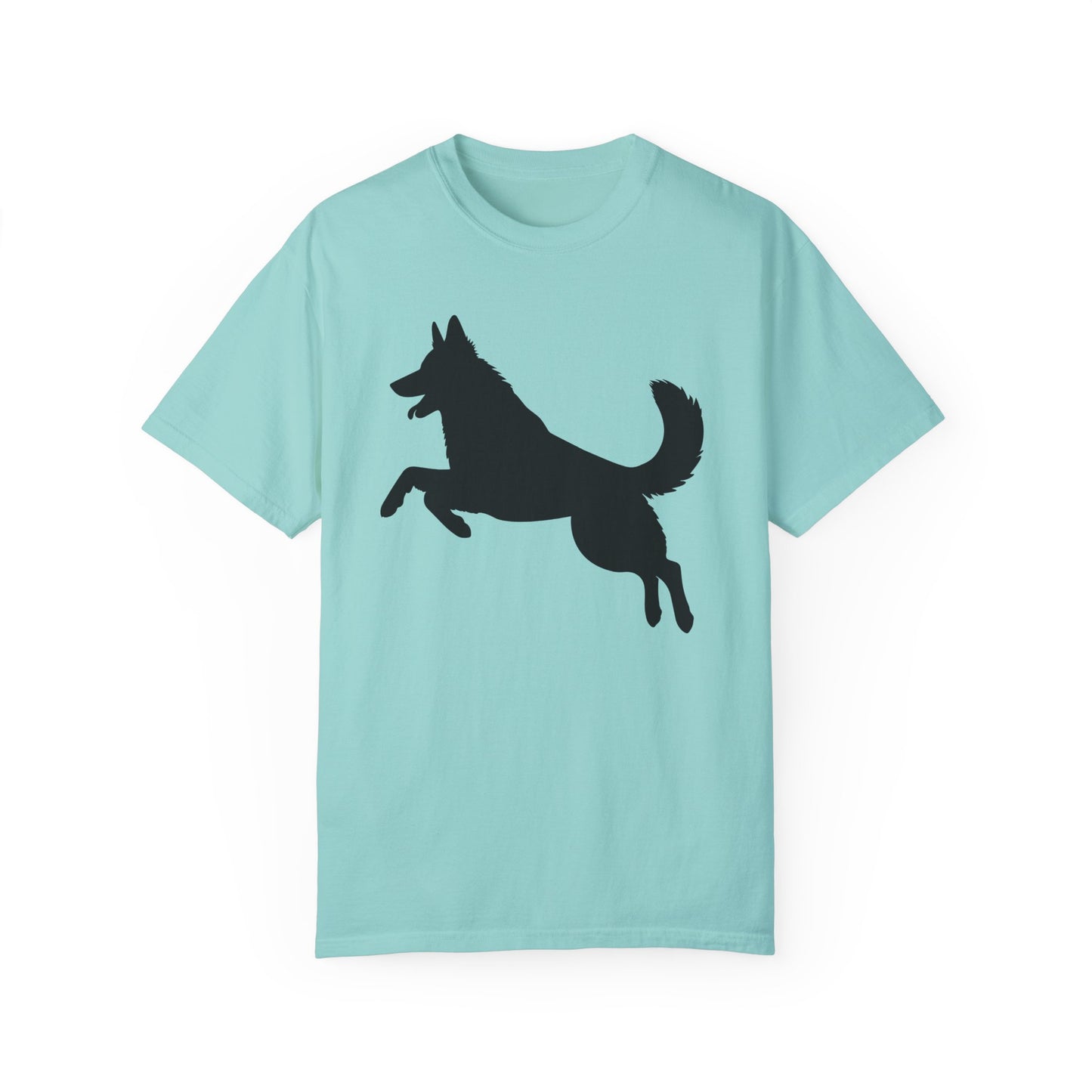 Unisex Dog Lover T-Shirt With a Graphic of Solid Black German Shepherd Jumping in the Air