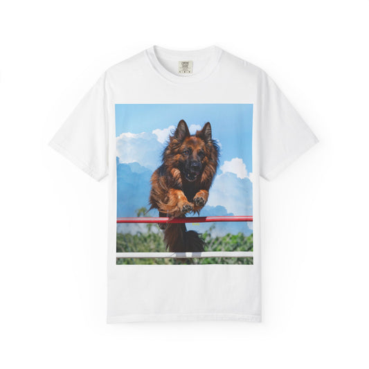 Unisex Dog Lovers T-Shirt Featuring a German Shepherd Jumping An Agility Fence