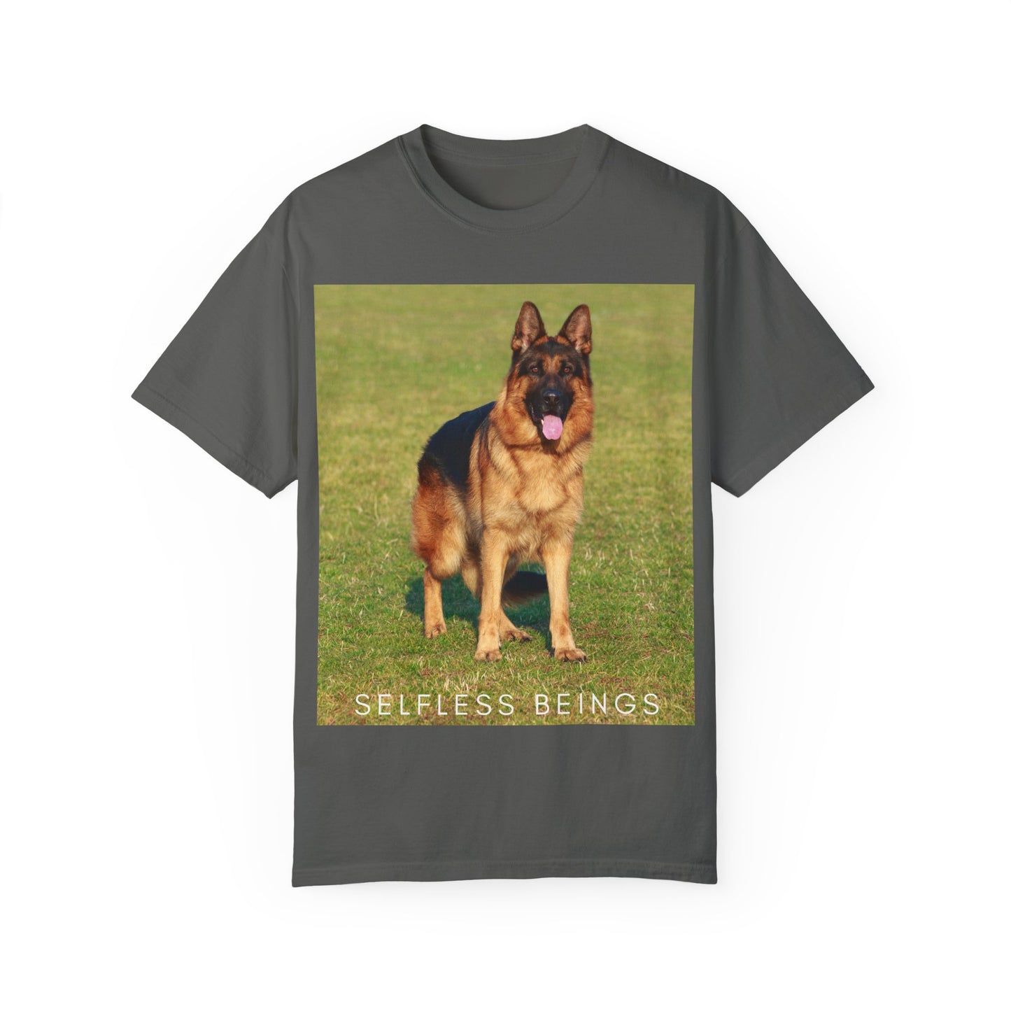 Unisex Dog Lover T-shirt With a German Shepherd on the Sports Grass Field and Caption Selfless Beings