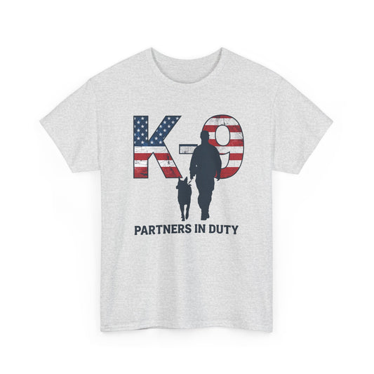 Patriotic K-9 T-Shirt - Partners in Duty Tee | Unisex Heavy Cotton Tee for Dog Lovers, Military Support, Gifts for Dog Handlers