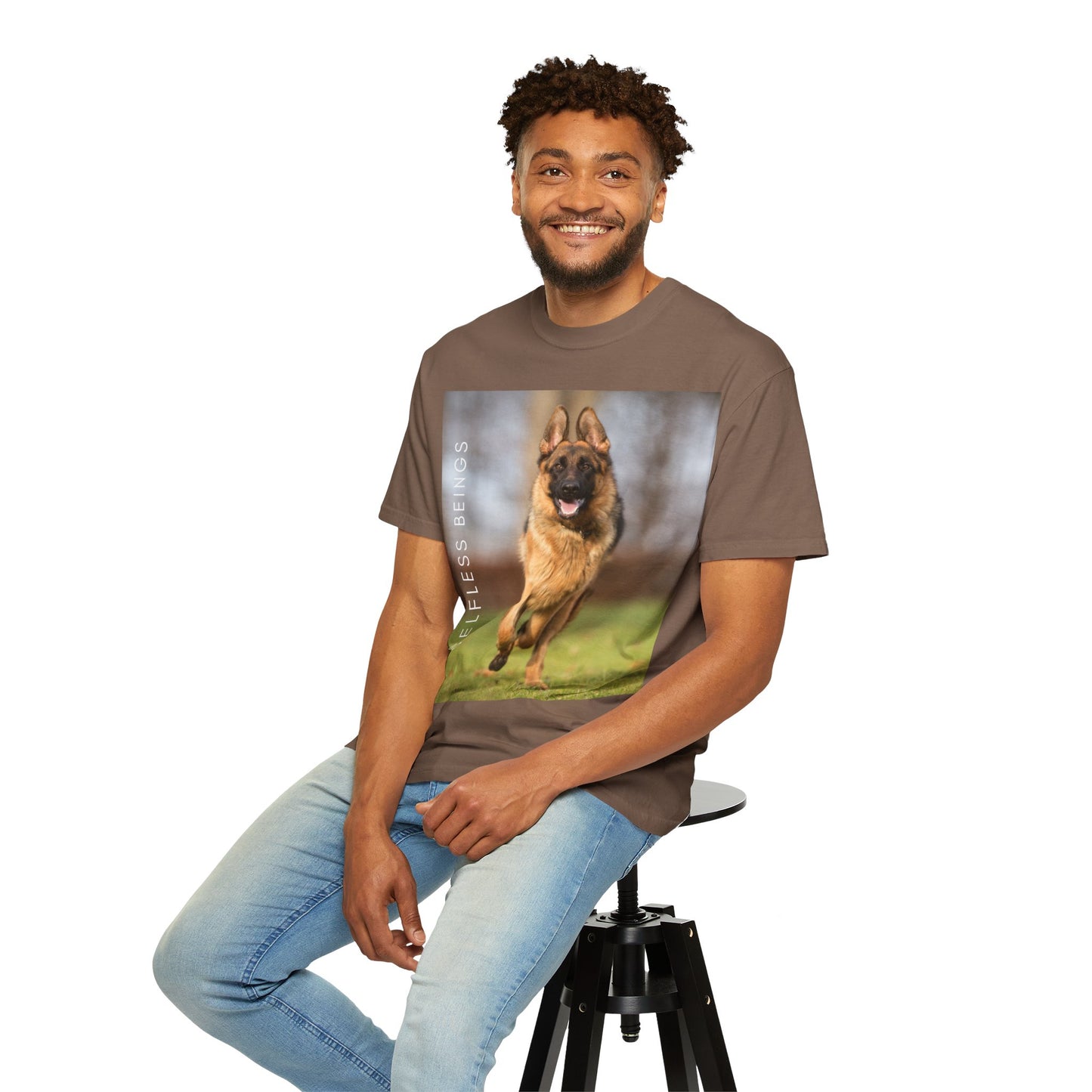 Unisex Dog Lover T-Shirt With Large German Shepherd Running on the Grass and Caption Selfless Beings