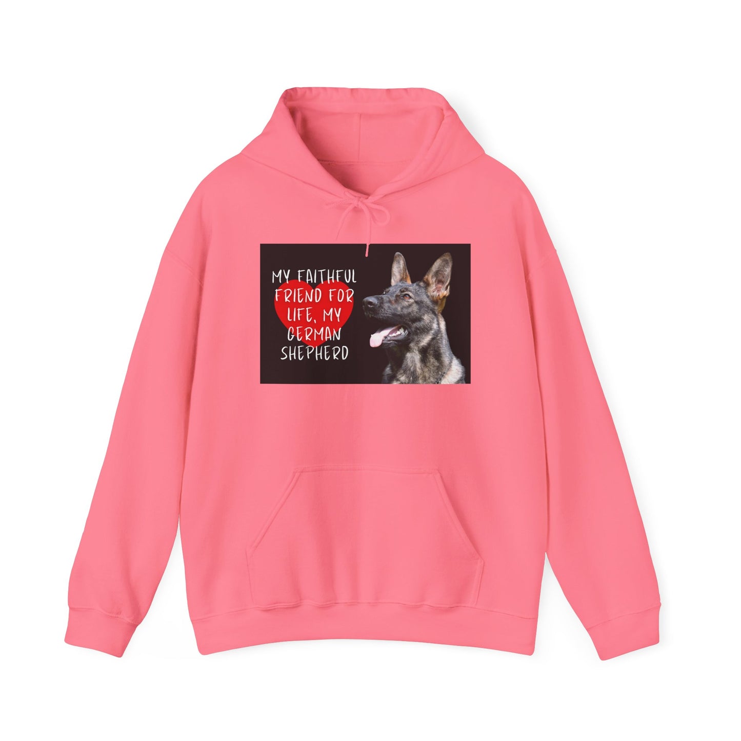 Unisex Dog Lover Hoodie With a Working Line German Shepherd and Caption Faithful Friend on Top of Red Heart