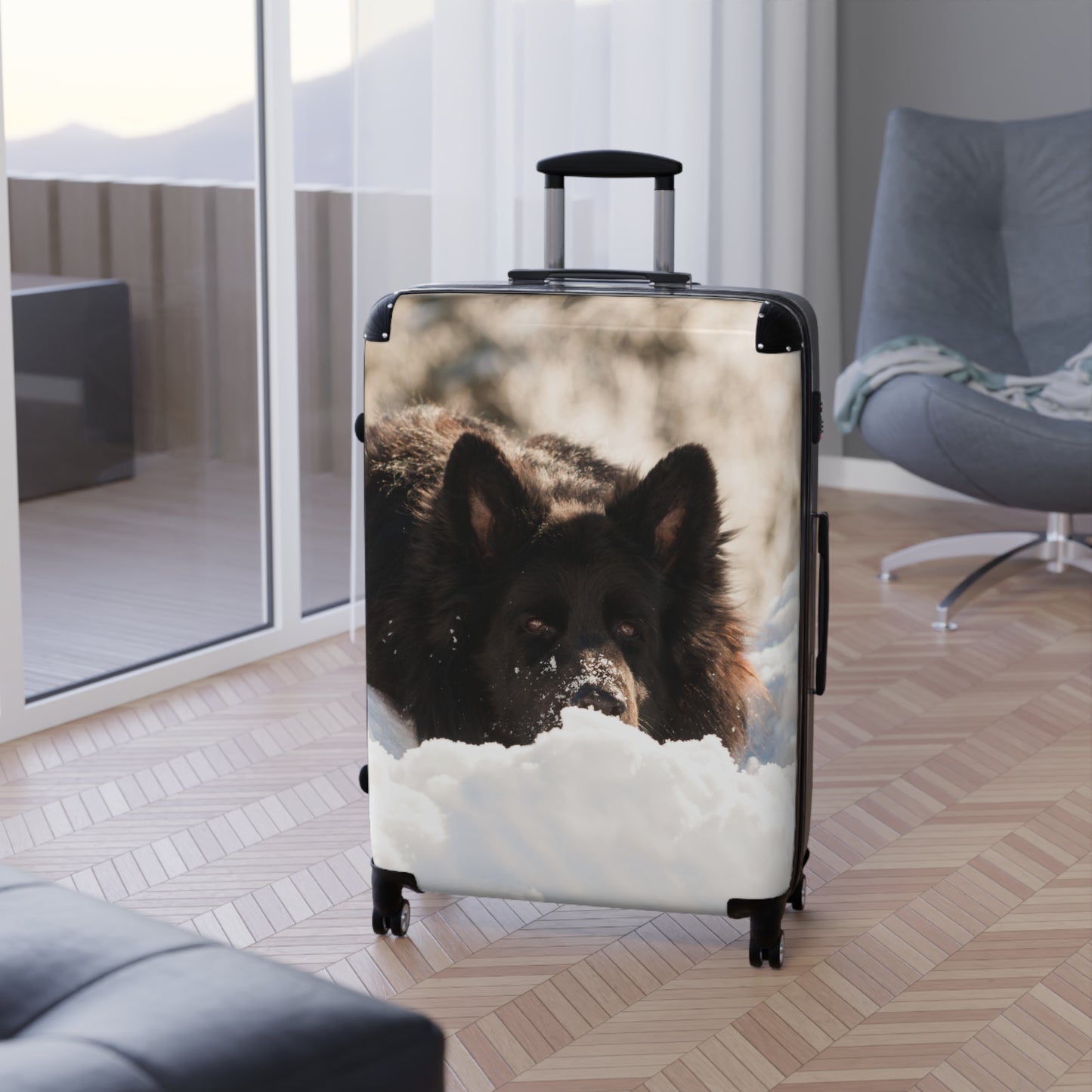 Winter Wonderland Dog Suitcase - A Giant Black German Shepherd Resting on the Snow