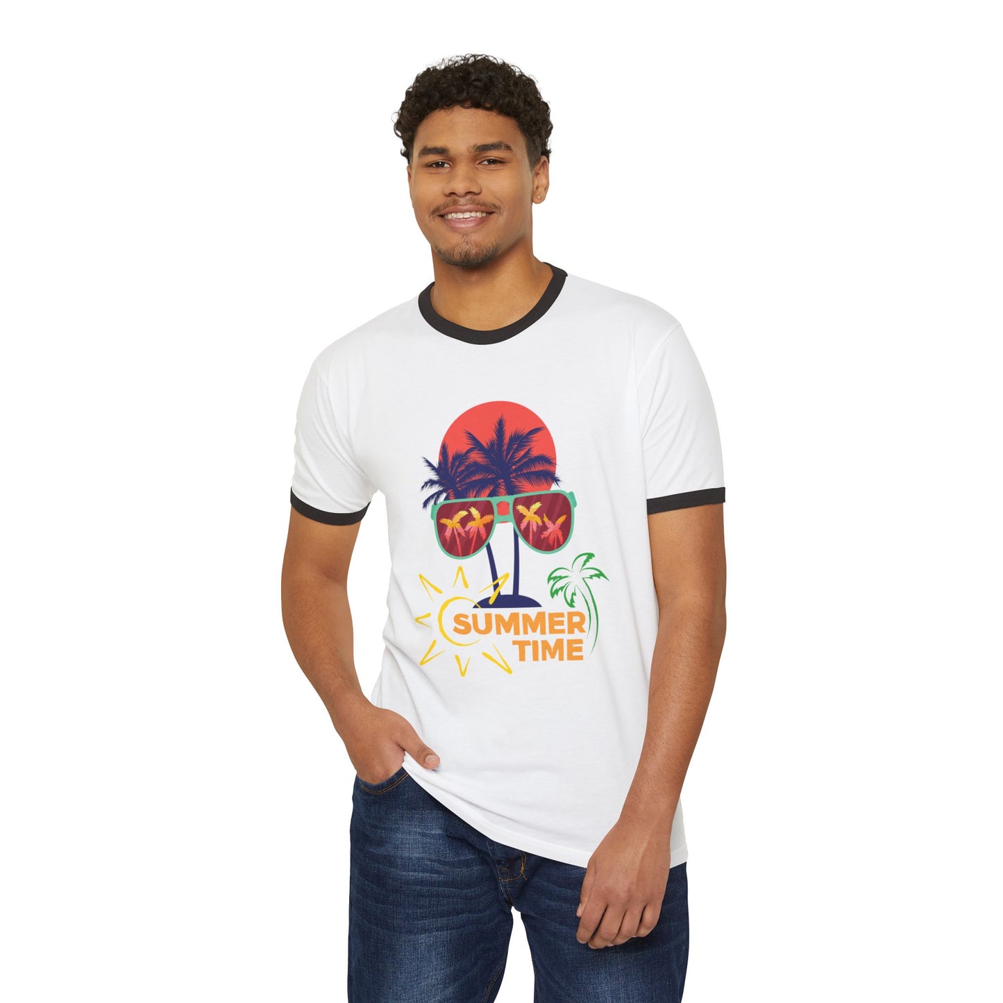 Summer Vibes Unisex Cotton Ringer T-Shirt, Fun Tropical Tee, Beachwear, Vacation Shirt, Gift for Him/Her, Summer Time Design