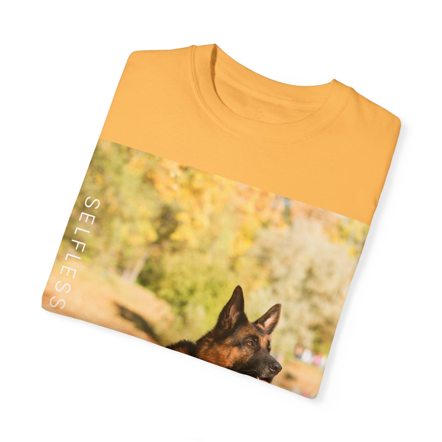Unisex Dog Lover T-Shirt With a German Shepherd Resting in the Autumn Park on Leaves Near a Pond and Caption Selfless Beings