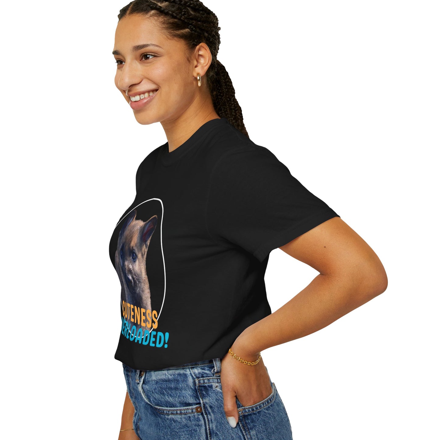 Unisex Dog Lover's T-Shirt With Cute German Shepherd Puppy and Caption Cuteness Overloaded