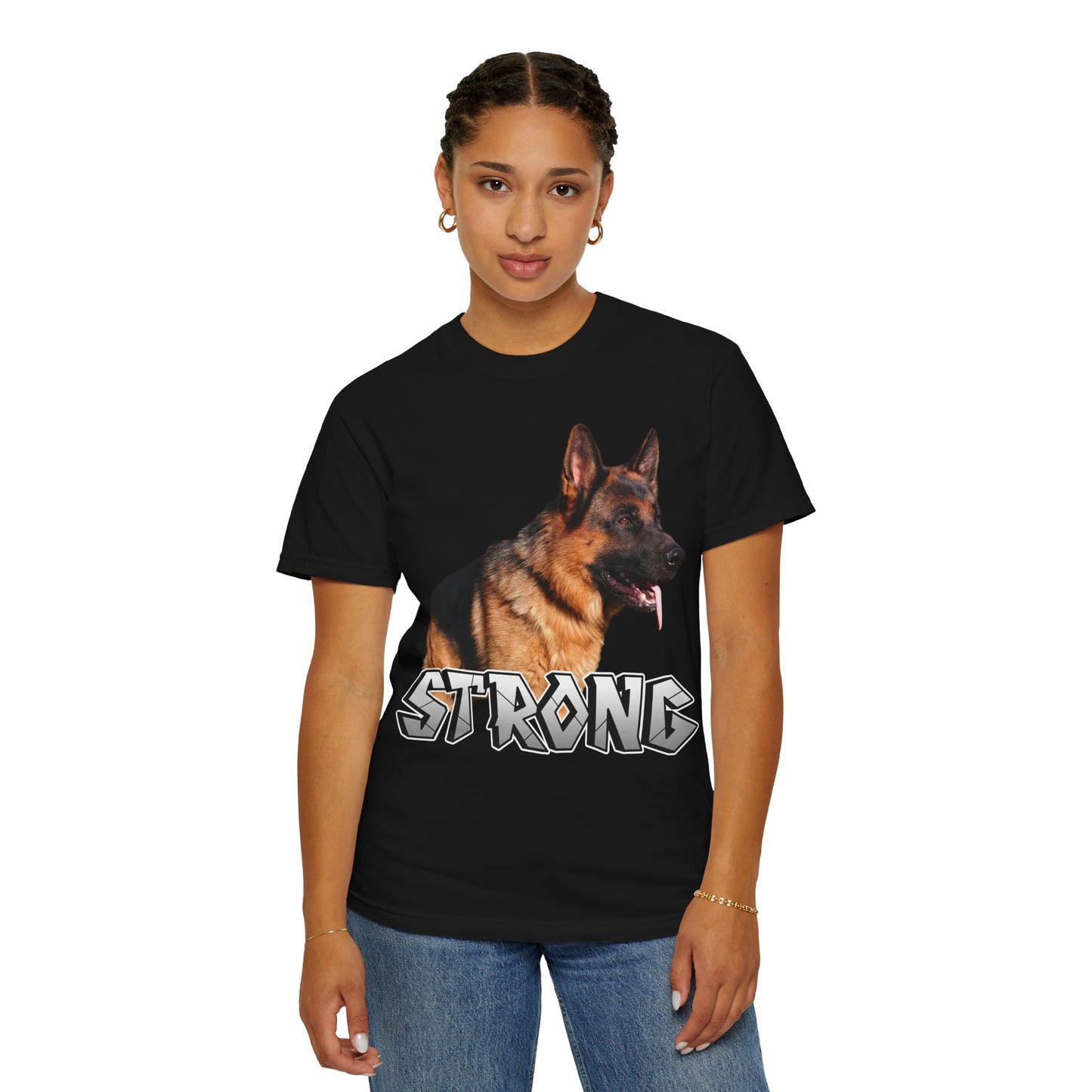 Unisex T-Shirt With German Shepherd Leaving Tongue Out Standing for a Pose and Text STRONG
