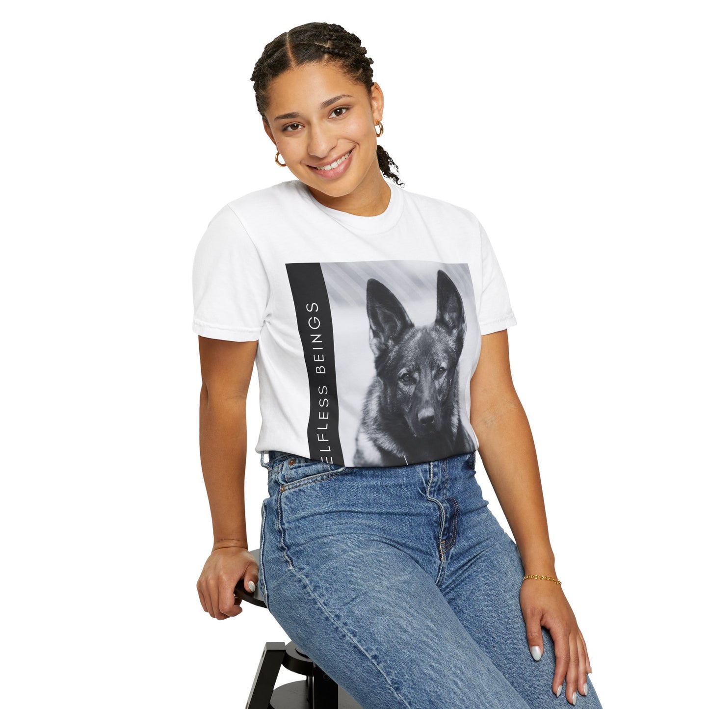 Unisex Dog Lover T-Shirt With a Working Line German Shepherd Resting on the Grass and Caption Selfless Beings