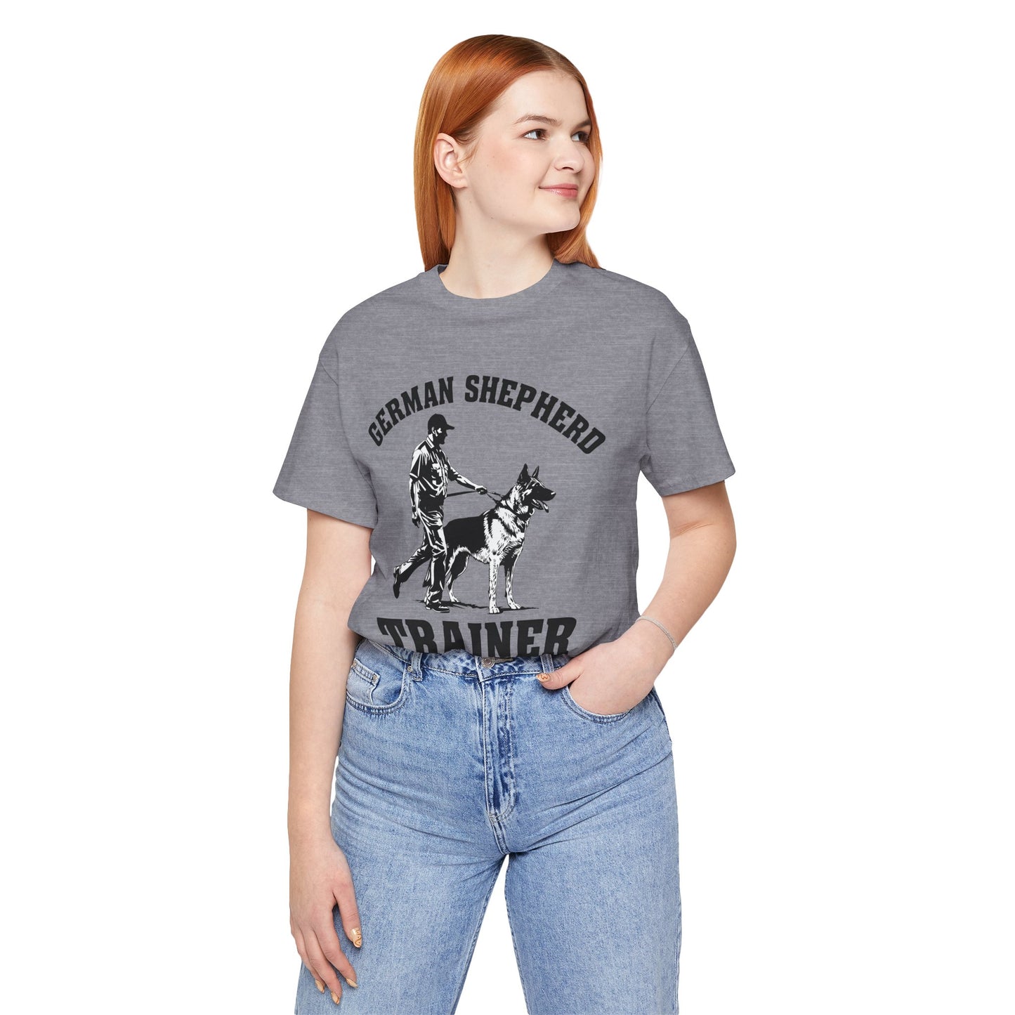 German Shepherd Trainer Tee - Black and White Design of Man Holding a German Shepherd