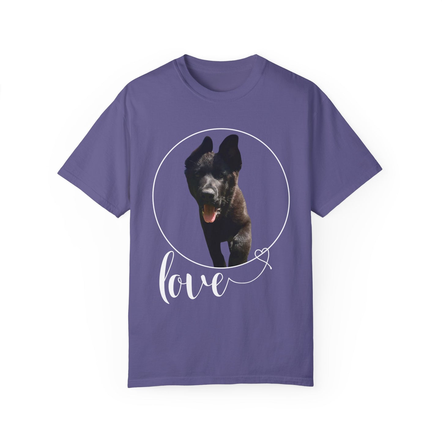 Unisex Dog Lover T-Shirt With Solid Black German Shepherd Walking On a Grass and Text Love