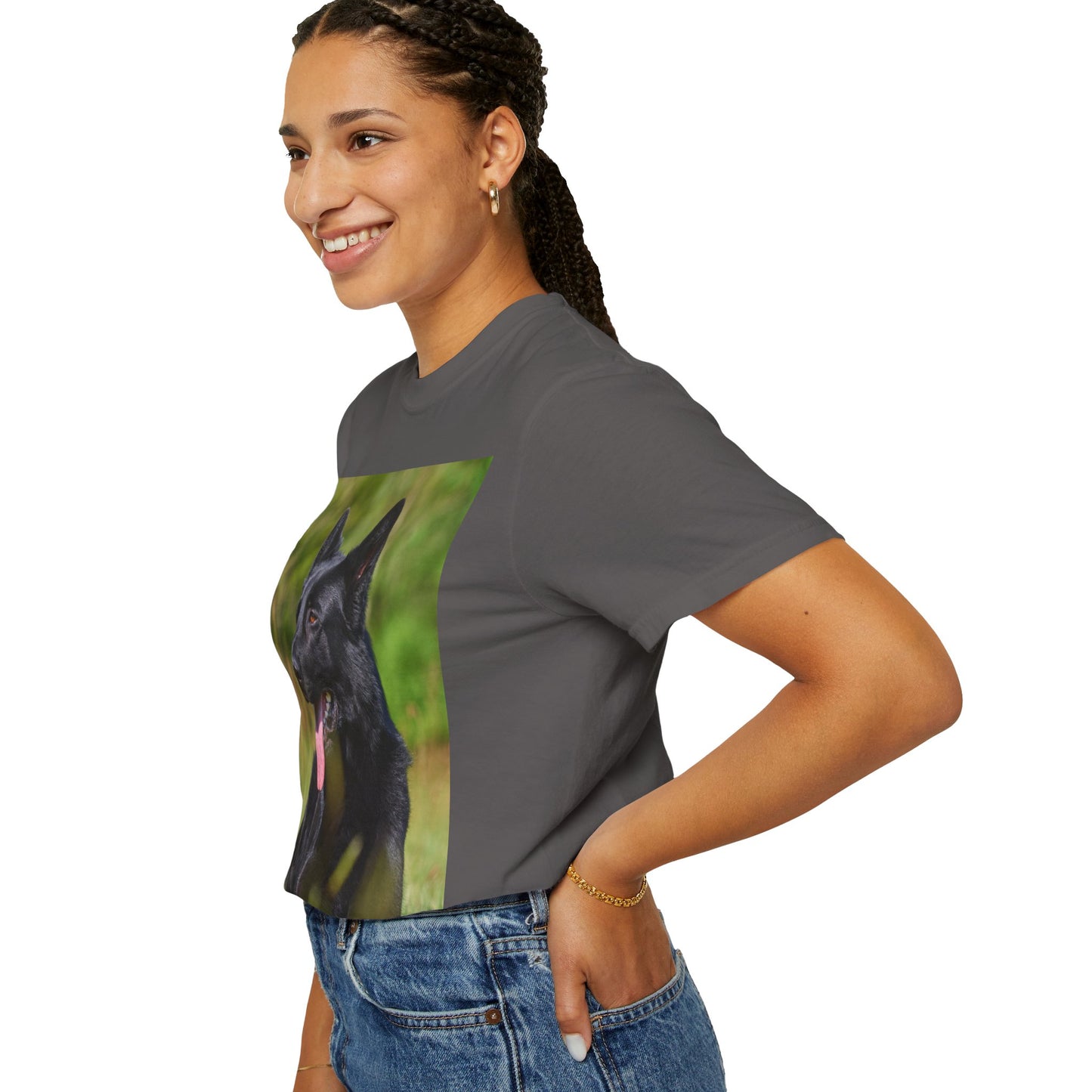 Unisex Garment-Dyed T-Shirt Featuring a Black German Shepherd Resting on Grass Looking Sideways