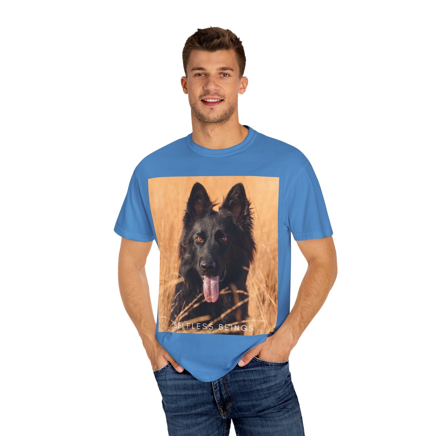 Unisex Dog Lover T-Shirt With Solid Black German Shepherd in the Middle of Long Dry Grass Leaving Tongue and Caption Selfless Beings