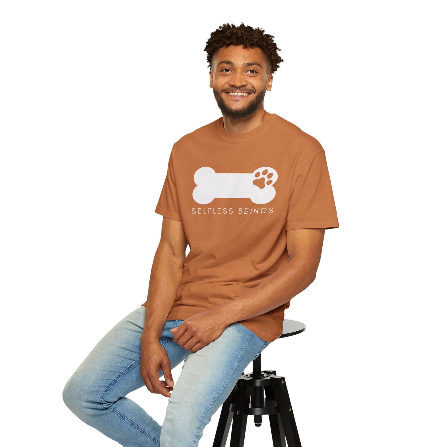 Unisex Dog Lover T-Shirt With Dog's Paw Print Inside a Bone and Caption Selfless Beings