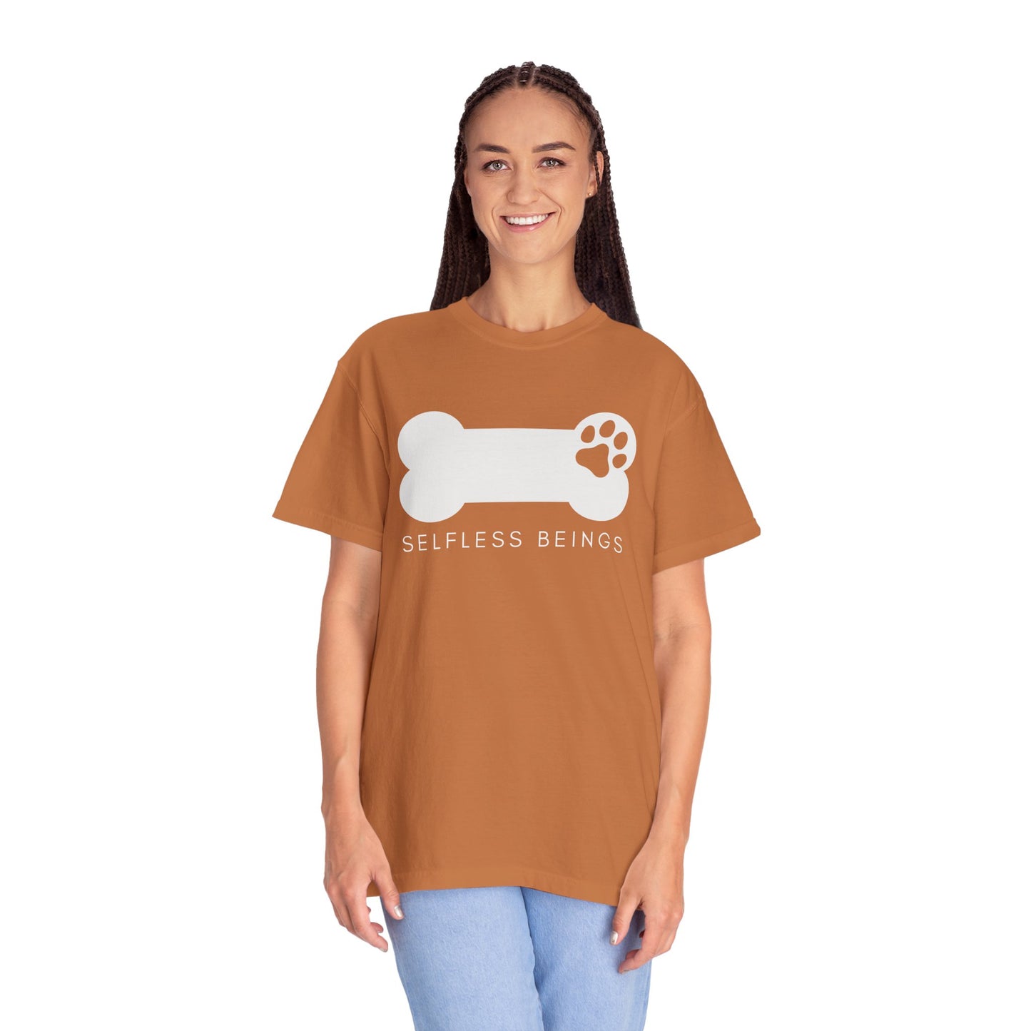 Unisex Dog Lover T-Shirt With Dog's Paw Print Inside a Bone and Caption Selfless Beings