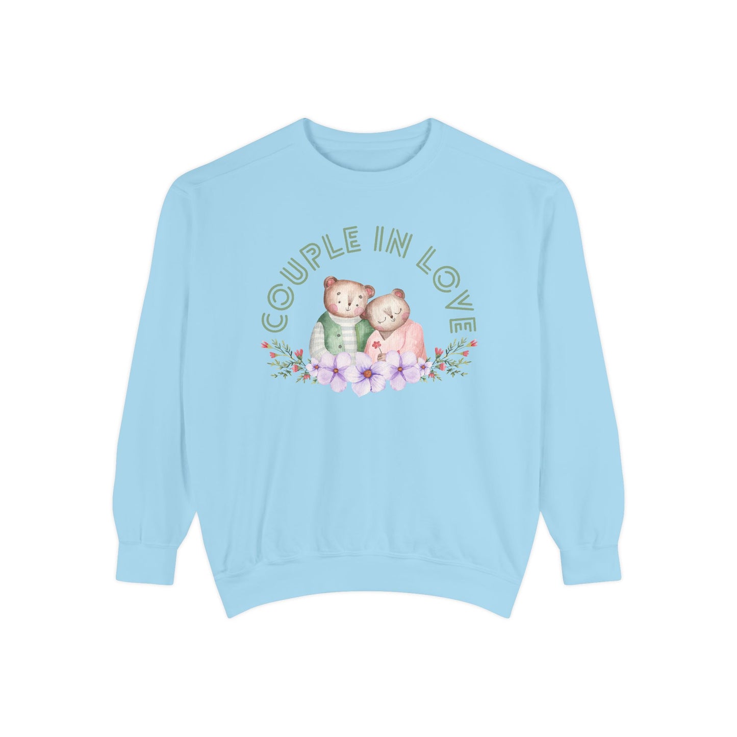 Unisex Valentine's Day Sweatshirt With Two Teddy Bears On Flowers and Caption Couple In Love