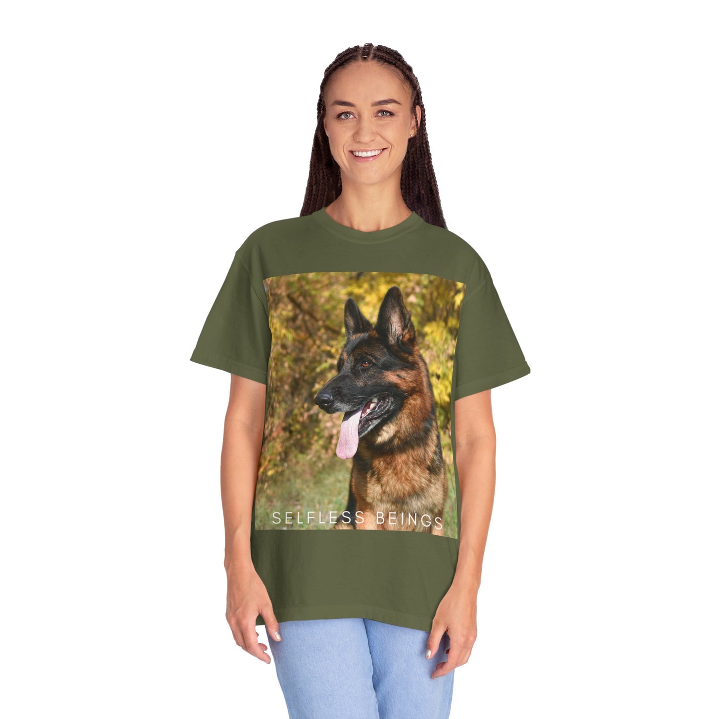Unisex Dog Lover T-Shirt With a German Shepherd Protecting a Territory and Caption Selfless Beings