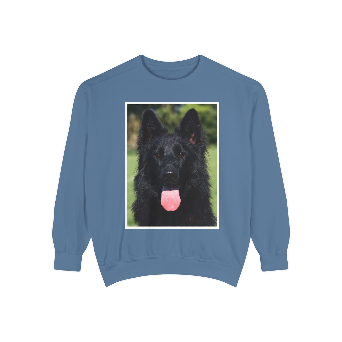 Unisex Dog Lover Sweatshirt With a Close Up of Solid Black German Shepherd Leaving Hanging Tongue