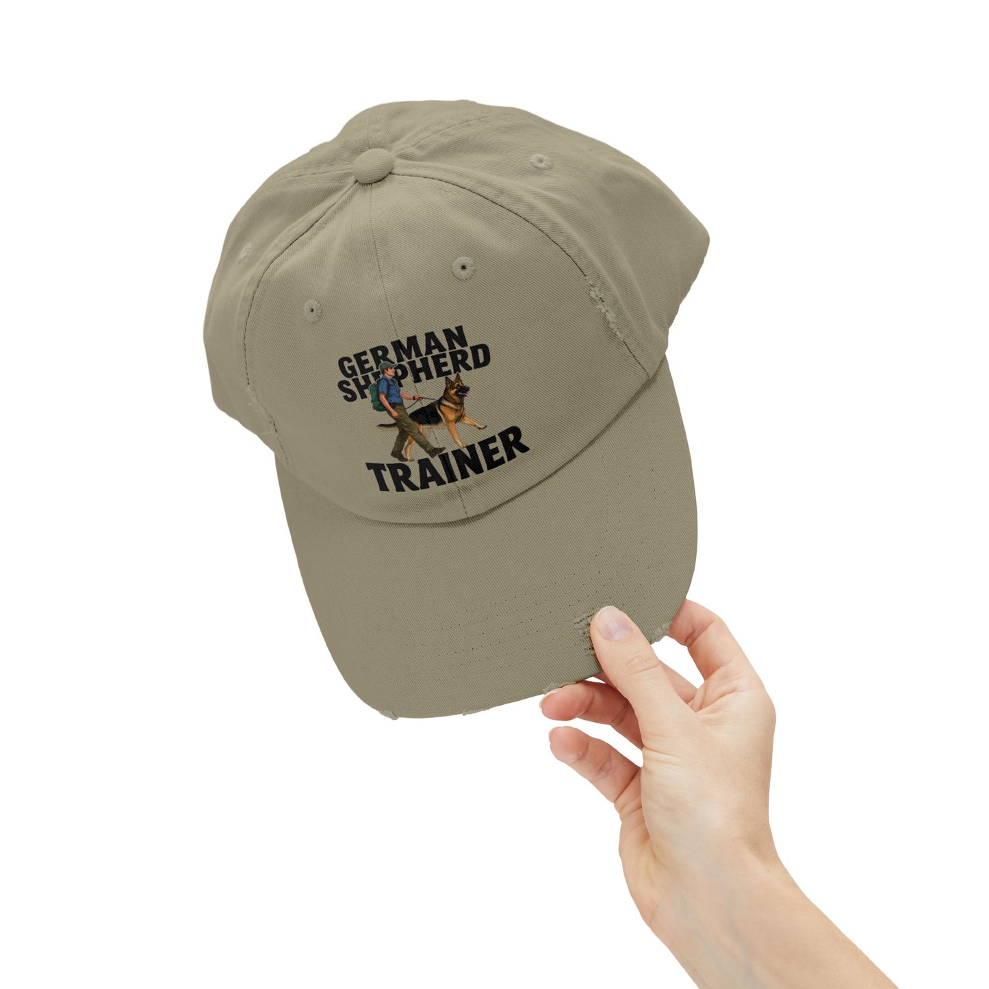 Unisex Distressed Cap Featuring a Trainer Leading German Shepherd, Dog Trainer Gift