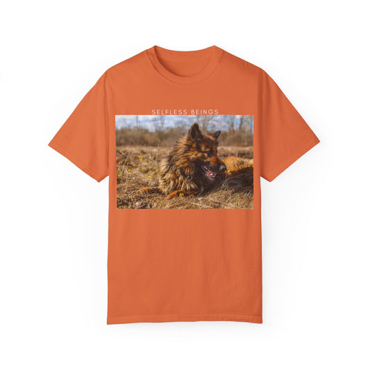 Unisex Dog Lover T-Shirt With a German Shepherd Lying on the Dry Grass in Spring and Caption Selfless Beings
