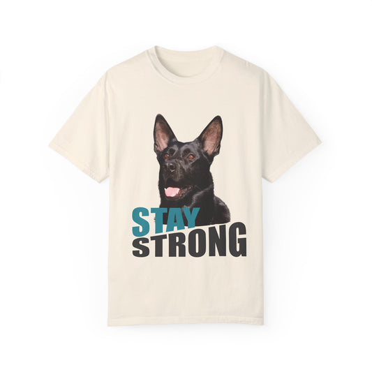 Unisex Dog Lover T-Shirt With Solid Black Working Line German Shepherd Mouth Opened and Caption Stay Strong