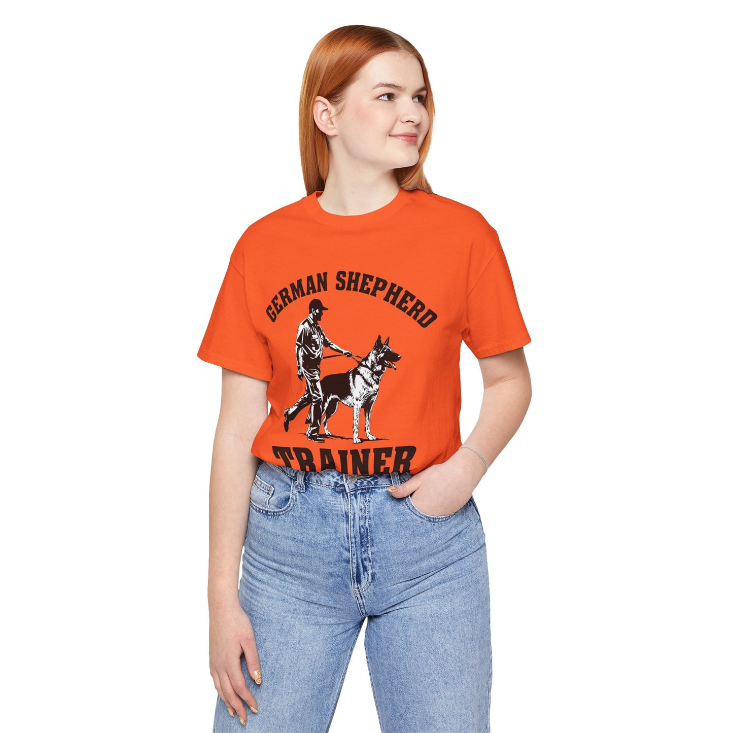 German Shepherd Trainer Tee - Black and White Design of Man Holding a German Shepherd