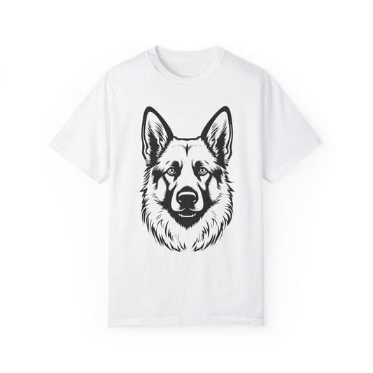 Unisex Dog Lover T-Shirt With a Close Up Graphic of Black and Transparent German Shepherd
