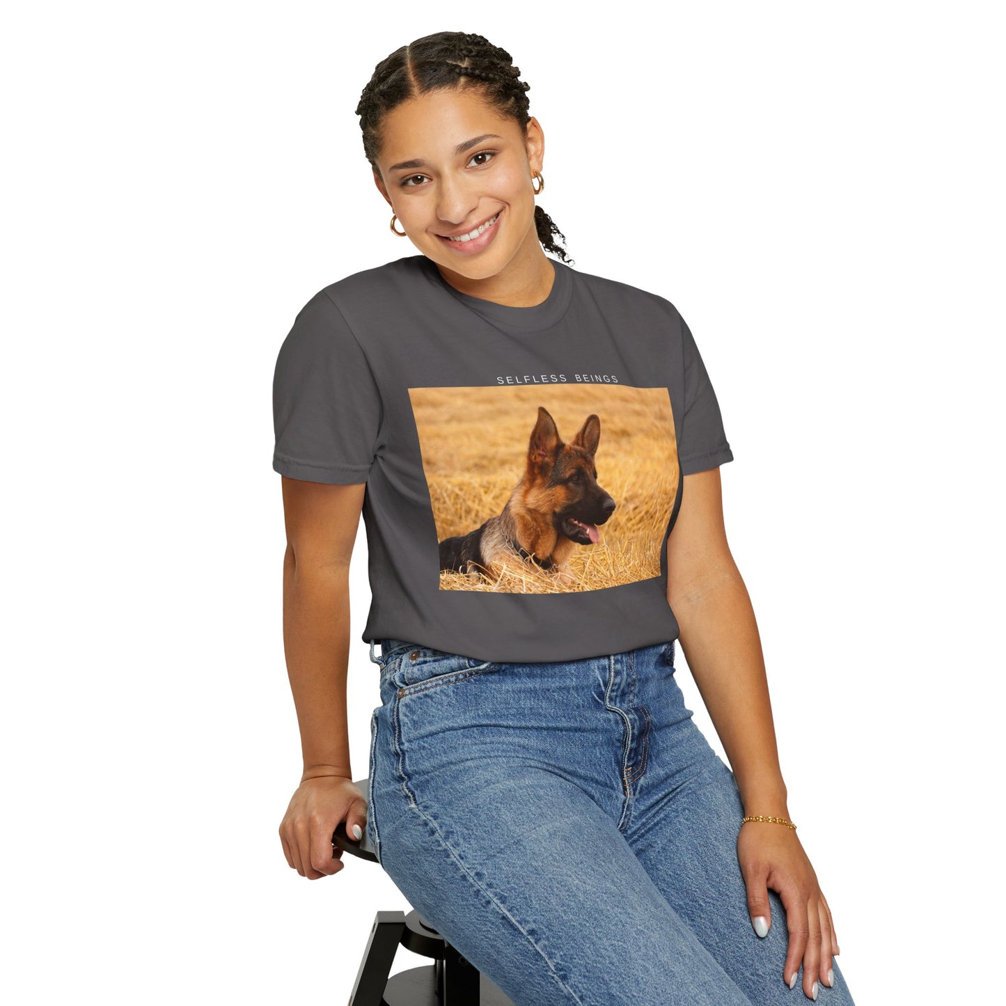 Unisex Dog Lover T-Shirt With a German Shepherd Relaxing on the Long Dry Grass and Caption Selfless Beings
