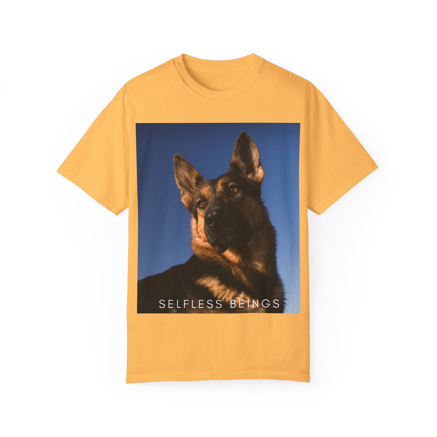 Unisex Dog Lover T-shirt With Close Up Portrait of Giant German Shepherd Turning His Head and Caption Selfless Beings