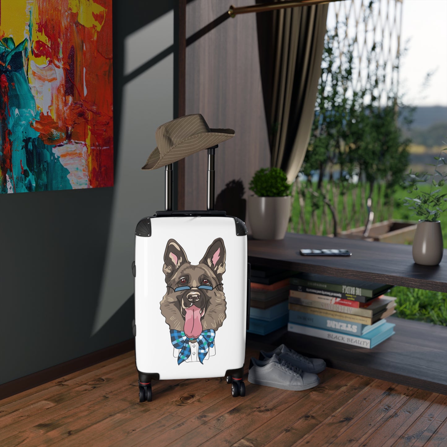 Stylish Pet-Lover Suitcase - Funny German Shepherd Wearing Blue Glasses and Bow Tie Leaving Tongue Out