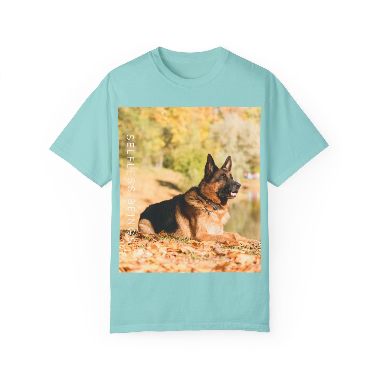 Unisex Dog Lover T-Shirt With a German Shepherd Resting in the Autumn Park on Leaves Near a Pond and Caption Selfless Beings