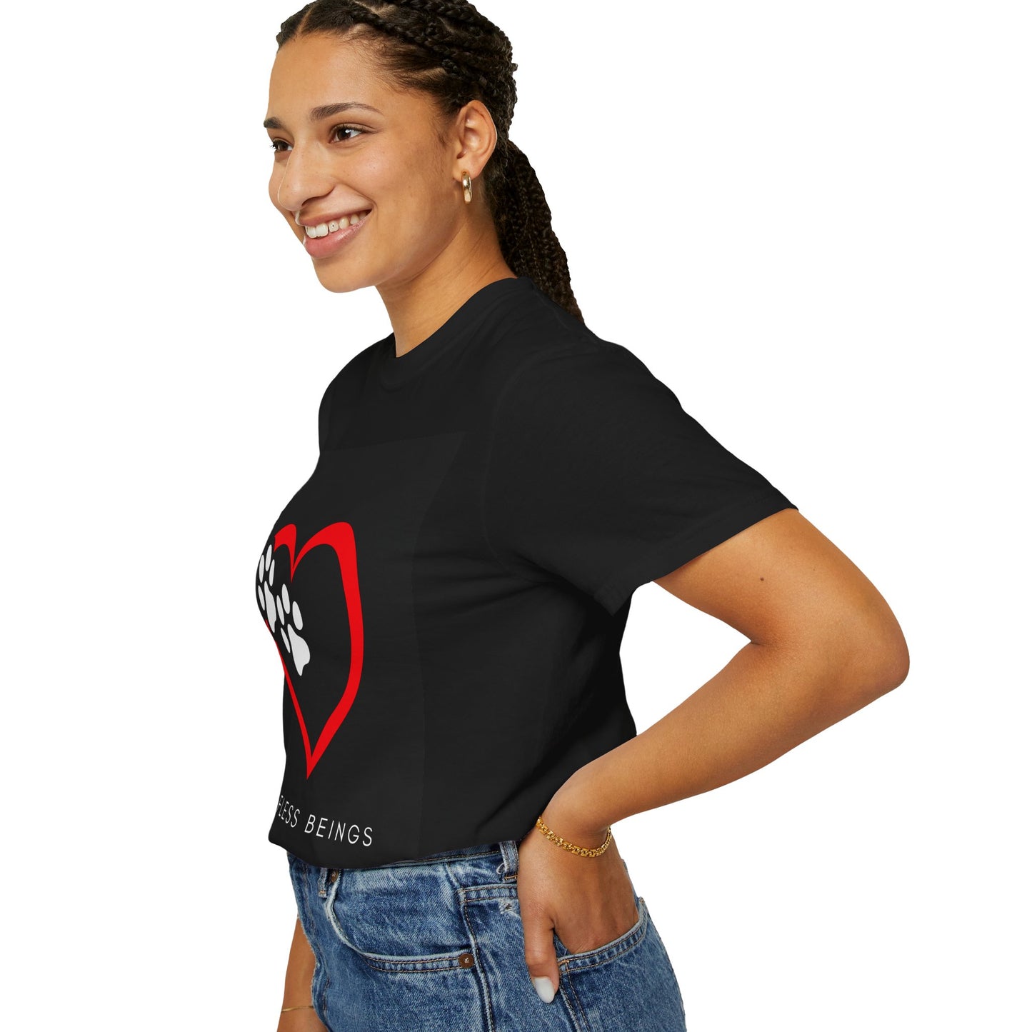 Unisex Dog Lover T-Shirt With Graphic of Red Heart That Contains Two White Dog Paw Prints and Caption Selfless Beings