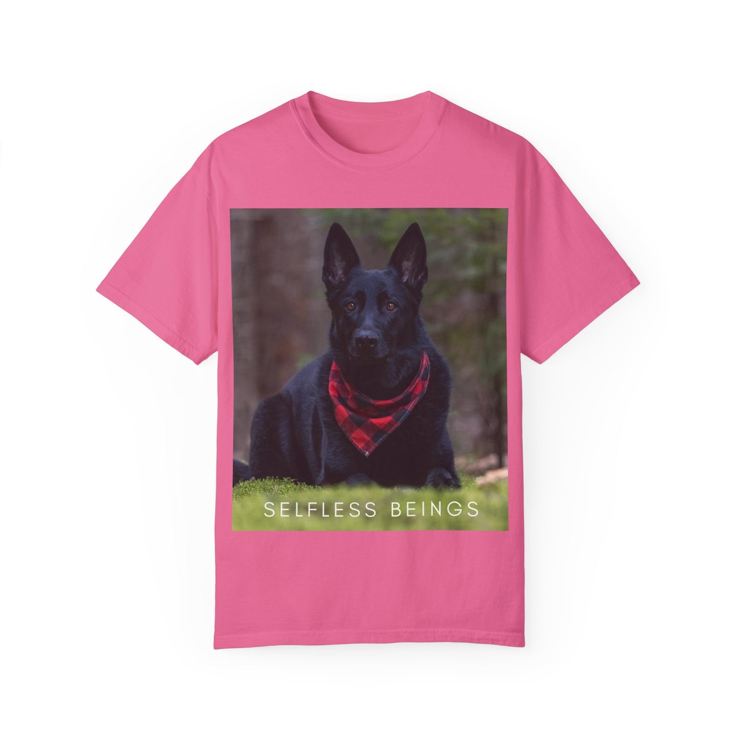 Unisex Dog Lover T-Shirt With a Solid Black German Shepherd Wearing a Red Romal Sitting and Caption Selfless Beings
