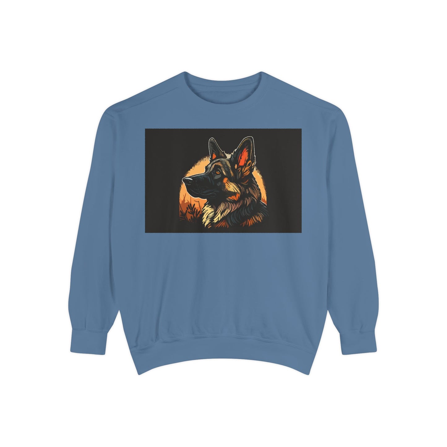 Unisex Dog Lover Sweatshirt With a Close Up Graphic of a German Shepherd In Front of Moon