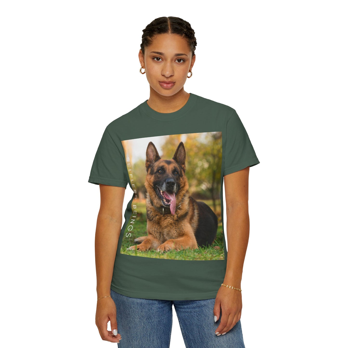 Unisex Dog Lover T-Shirt With Giant German Shepherd Relaxing on the Grass Leaving Tongue Out and Caption Selfless Beings