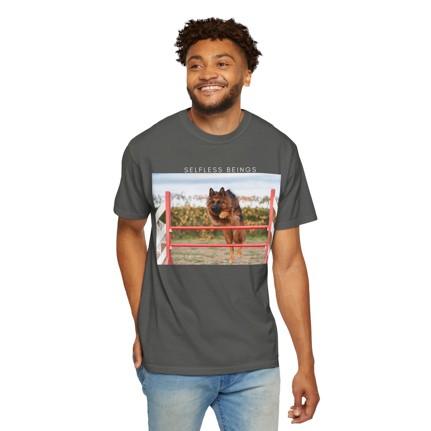 Unisex Dog Lover T-Shirt With a German Shepherd Jumping an Agility Fence Outdoor and Caption Selfless Beings