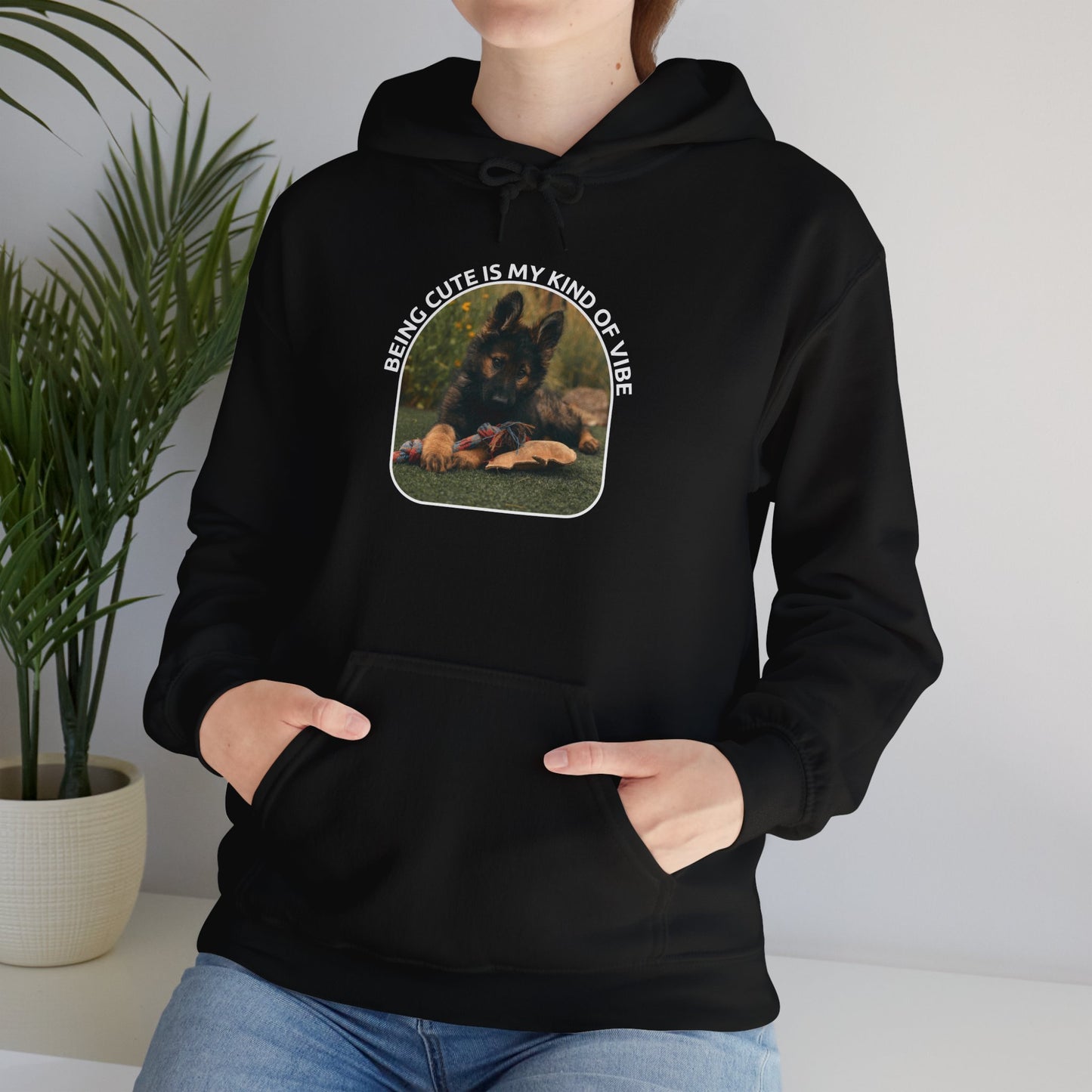 Unisex Dog Lover Hoodie With a German Shepherd Puppy and Caption Being Cute is My Kind of Vibe