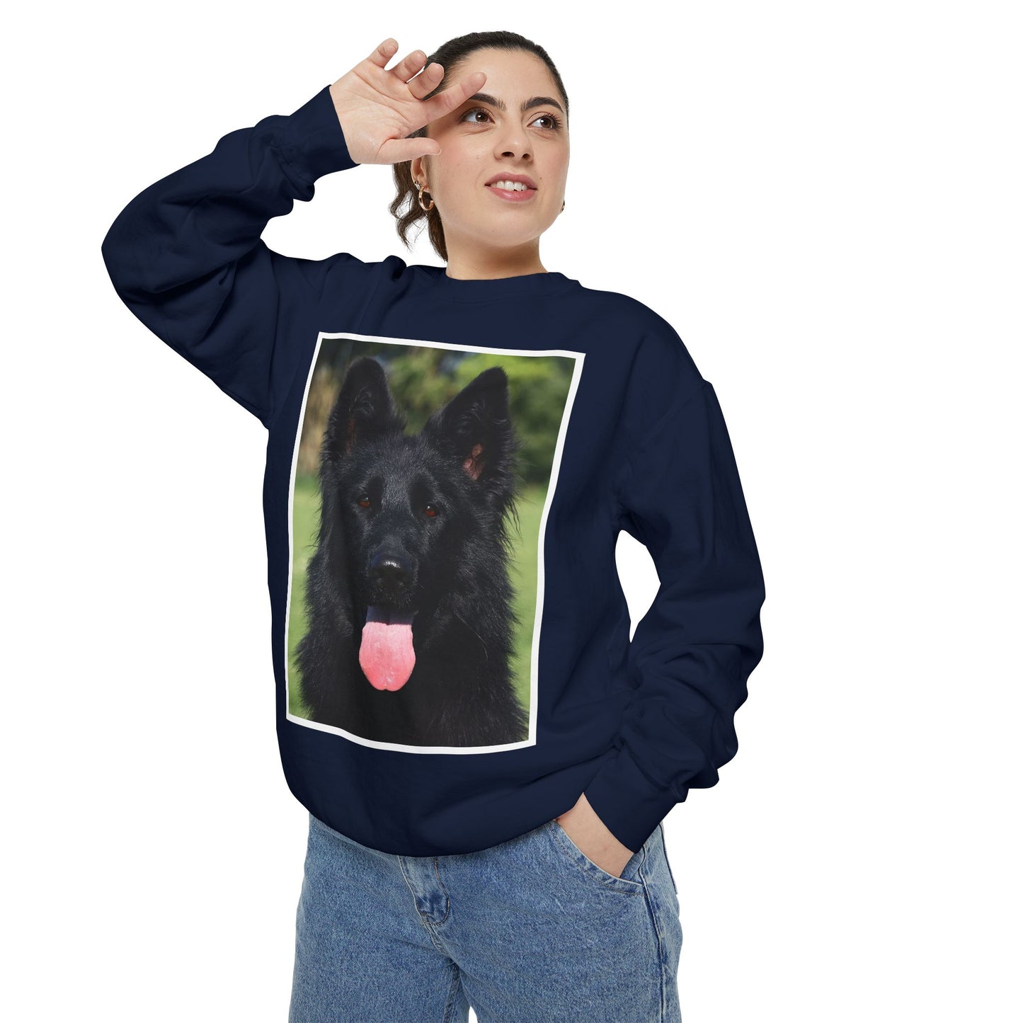 Unisex Dog Lover Sweatshirt With a Close Up of Solid Black German Shepherd Leaving Hanging Tongue