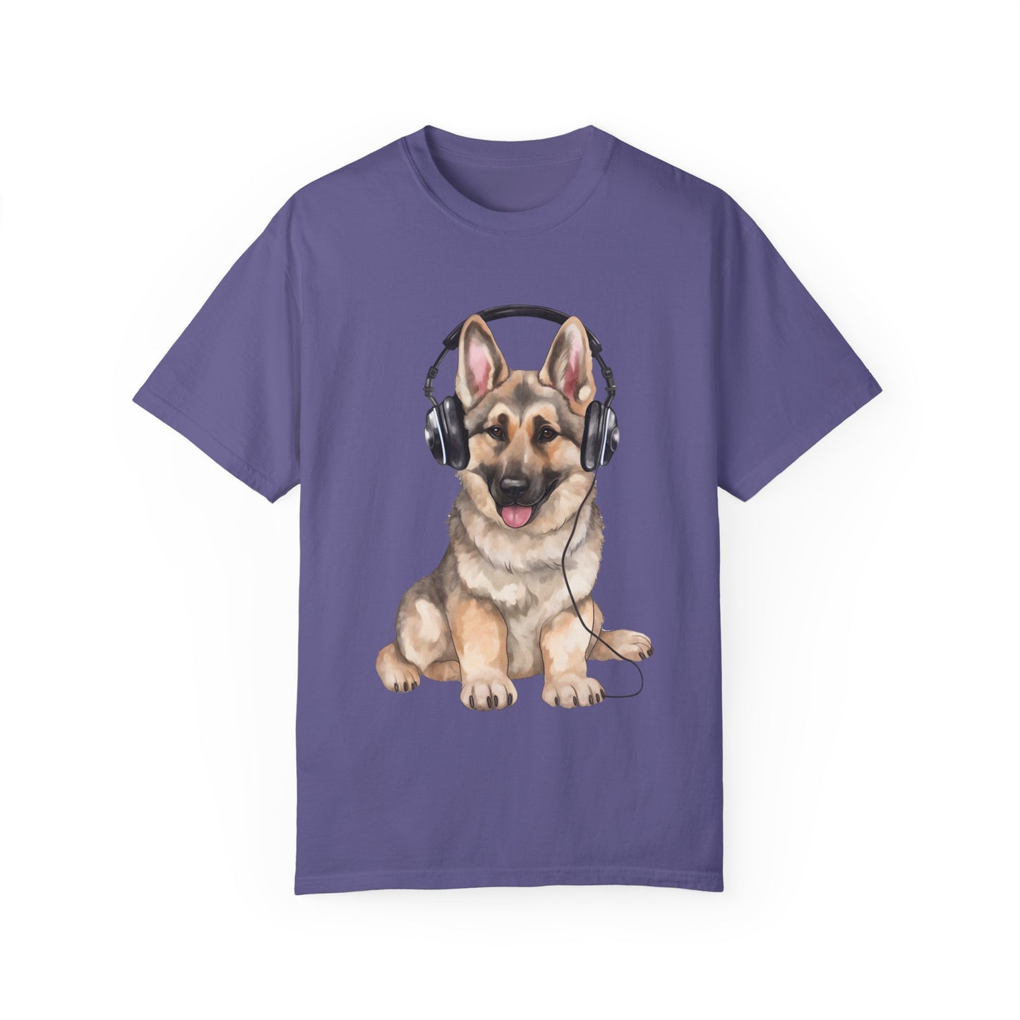 Unisex Dog Lover T-Shirt With a Graphic of German Shepherd Wearing Headphones Enjoying Music