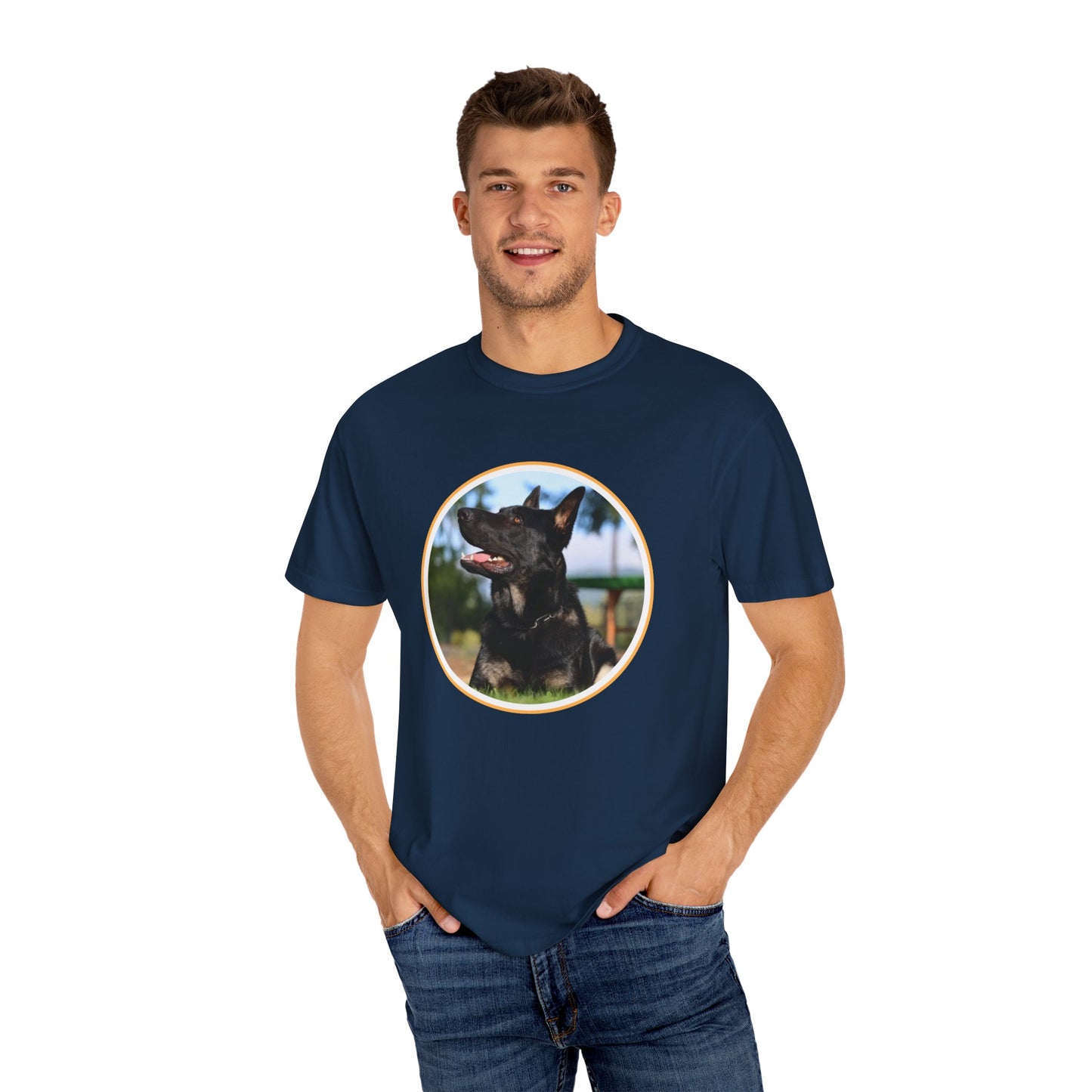 Unisex T-Shirt With Bicolor Working Line German Shepherd Sitting On The Ground