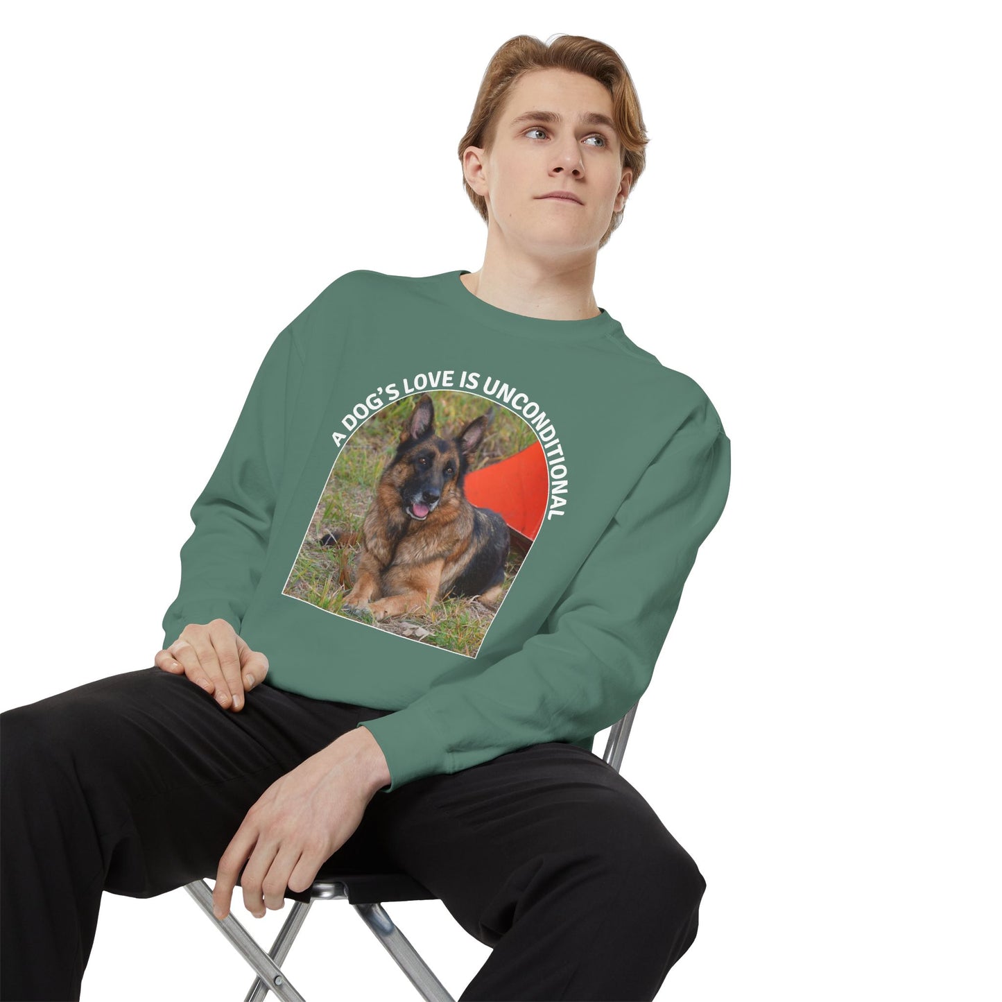 Unisex Dog Lover Sweatshirt With a German Shepherd and Caption Dog's Love is Unconditional