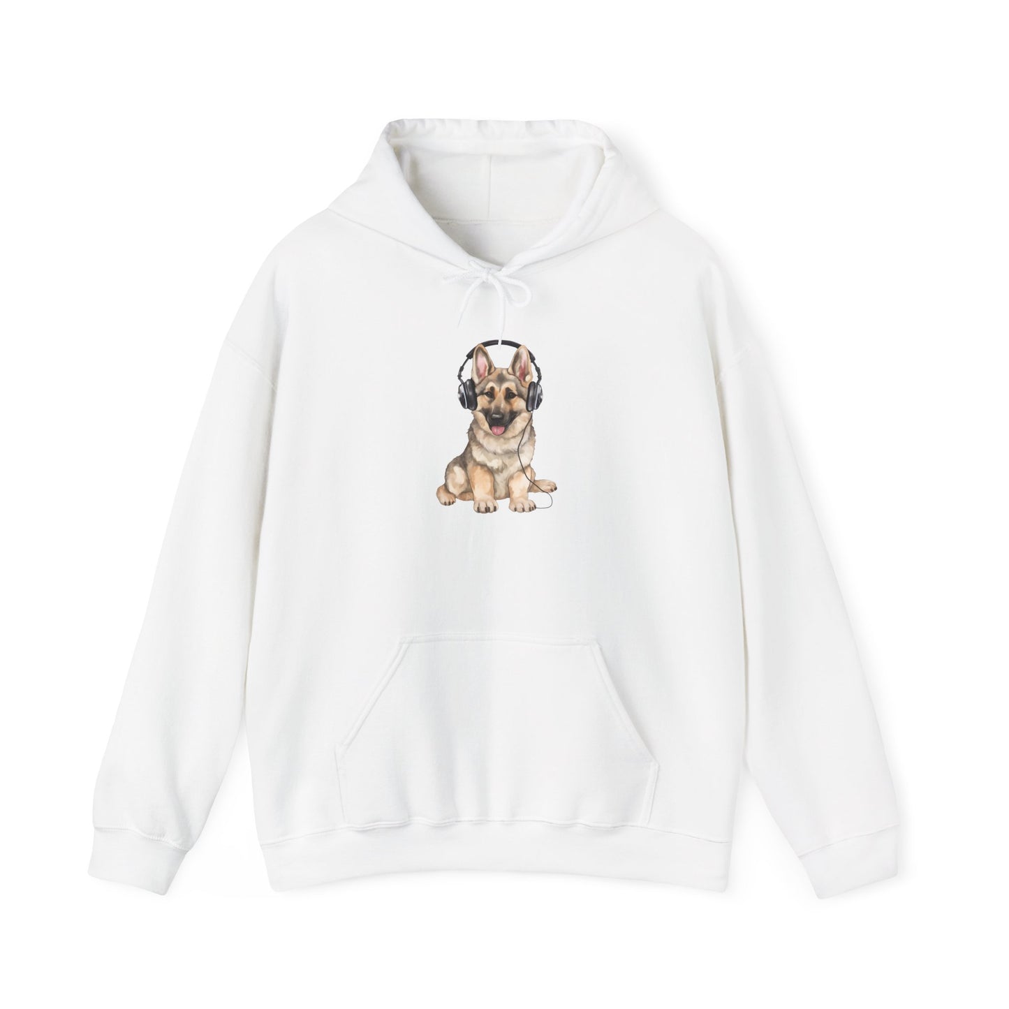 Unisex Dog Lover Hoodie With a German Shepherd Wearing Headphones Enjoying Music