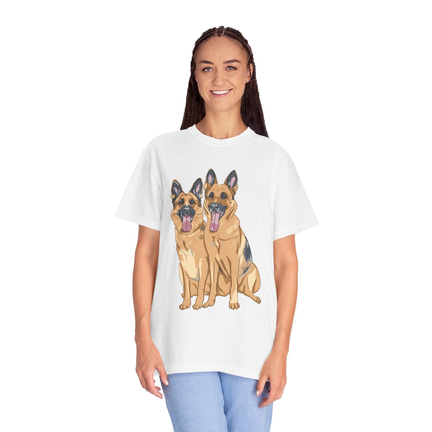 Unisex T-Shirt With Graphic of Two German Shepherds Sloppily Sitting Leaving Tongue Out