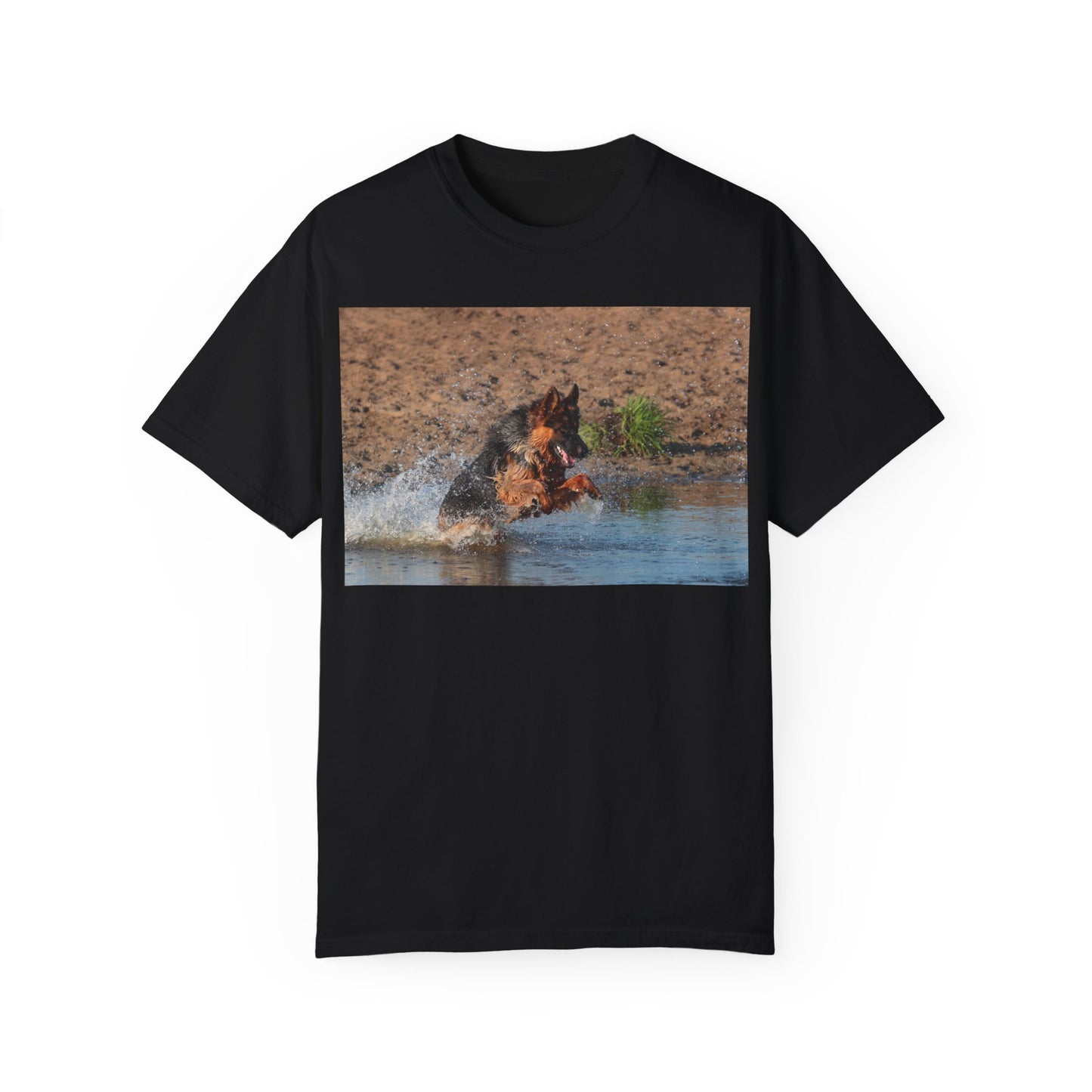 Unisex Dog Lover T-Shirt With Giant German Shepherd Jumps in the River
