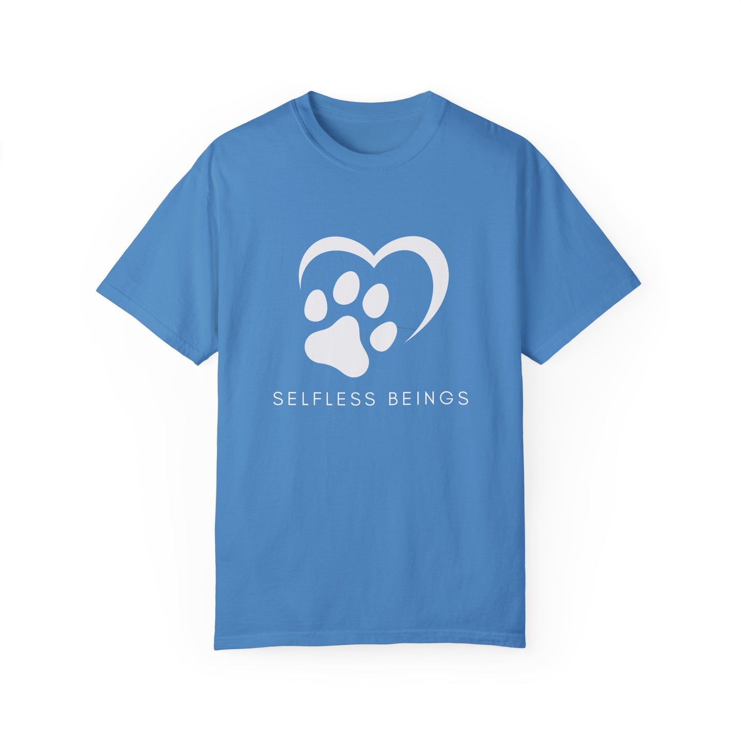 Unisex Dog Lover T-Shirt With Graphic of Half Heart and Dog Paw Print and Caption Selfless Beings Below