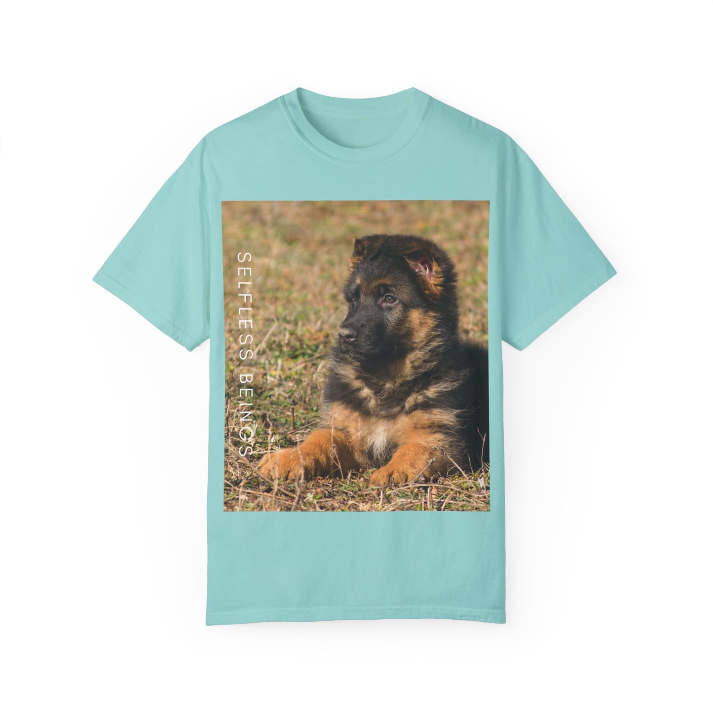 Unisex Dog Lover T-Shirt With Beautiful German Shepherd Puppy Resting On the Grass and Caption Selfless Beings