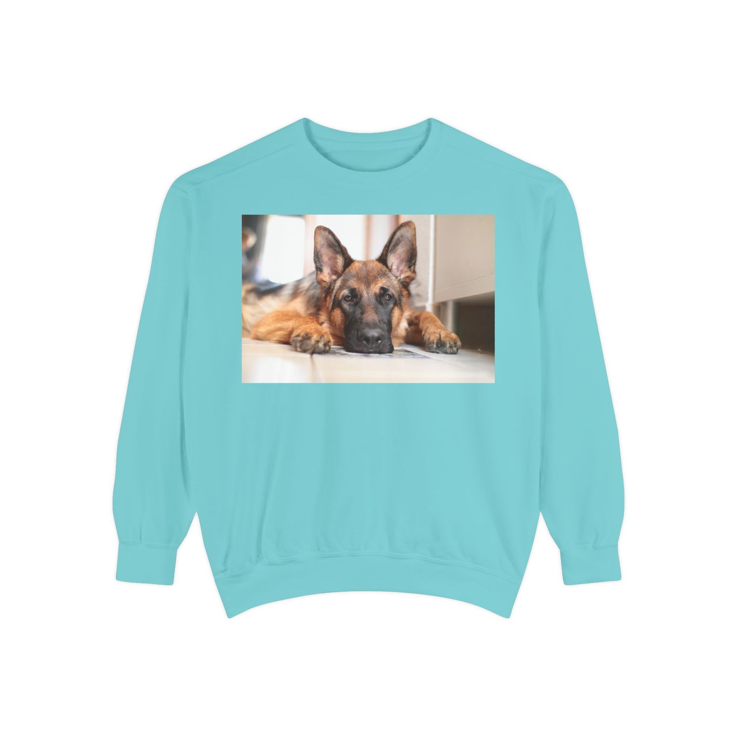 Unisex Dog Lover Sweatshirt With a German Shepherd Lying His Head on the Floor