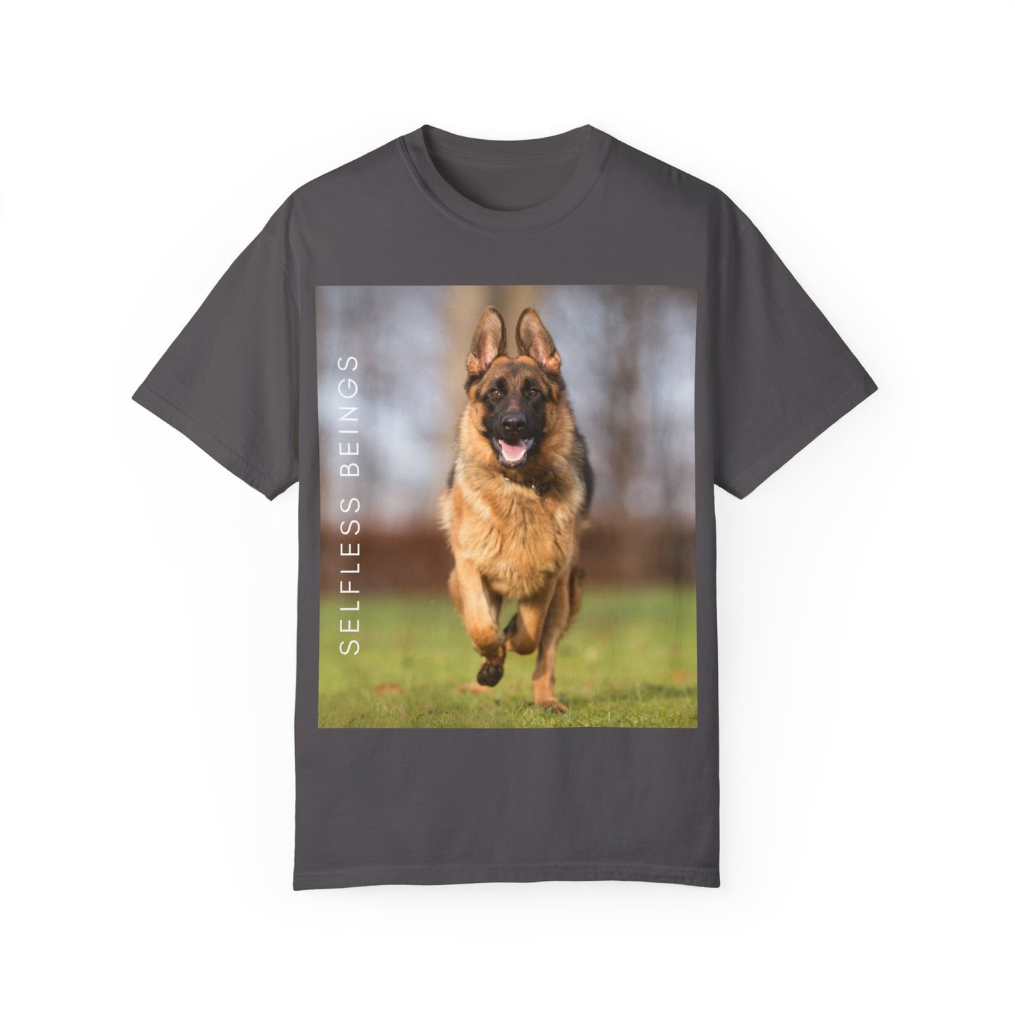 Unisex Dog Lover T-Shirt With Large German Shepherd Running on the Grass and Caption Selfless Beings