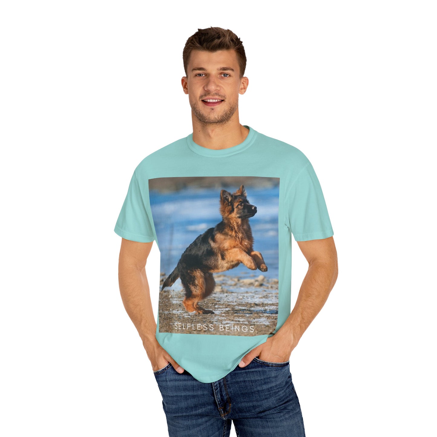 Unisex Dog Lover T-Shirt With Gorgeous German Shepherd Puppy Standing on Back Legs at Seashore and Caption Selfless Beings