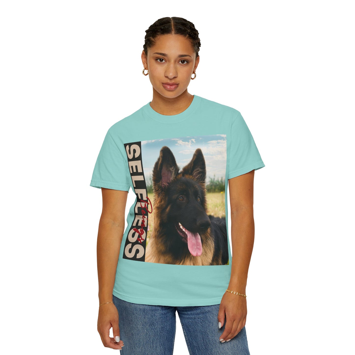 Unisex Dog Lover T-Shirt With Young Long Coat German Shepherd Looking Sideways Leaving Tongue Out and Caption Selfless Beings Written With Beige Red